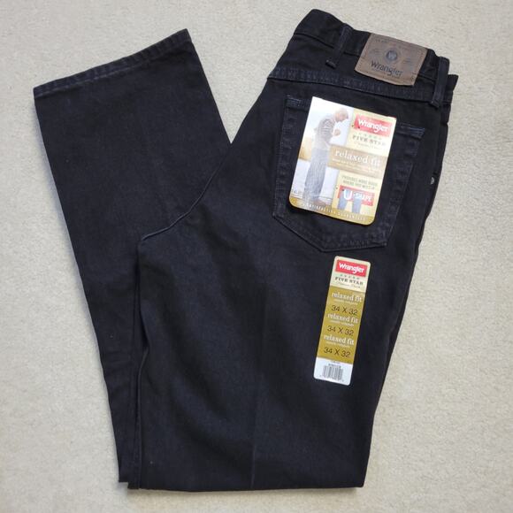 NWT Wrangler Men's 34X32 Relaxed Fit 5 Star Denim U Shape Straight Jeans Black - Picture 1 of 15